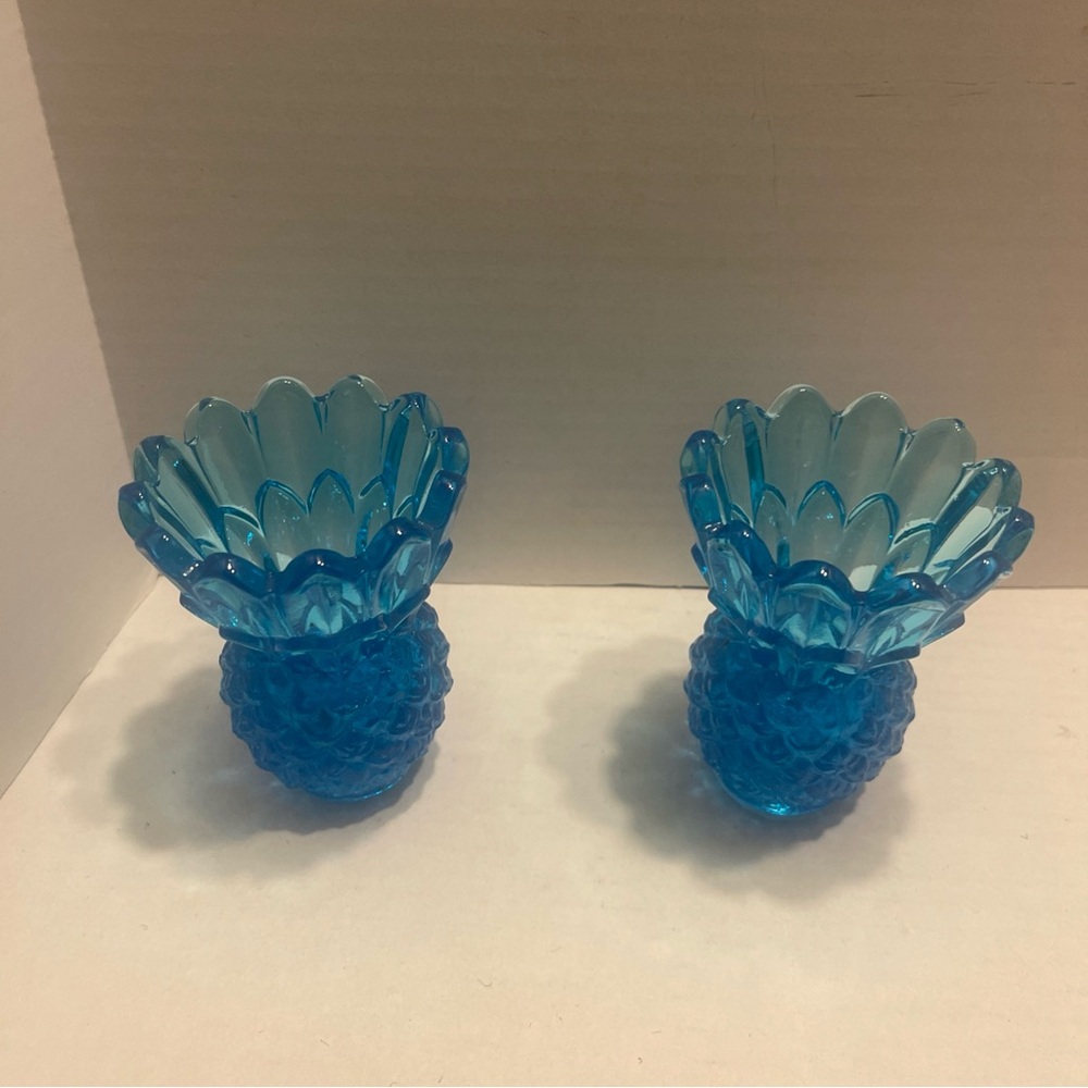 Vintage Aqua Blue Indiana Glass Pineapple candle stick holders - Picture 4 of 7